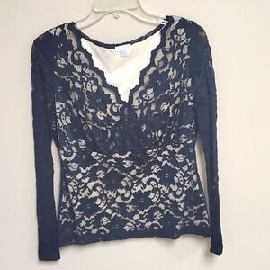 CONRAD C. Black Lace V-neck Long Sleeve Top - Size Medium